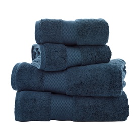 Karla Bree Portobello Towel in Petrol, 100% cotton, stacked set of five including bath and hand towels in deep teal blue.