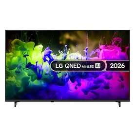 LG 65 Inch Mini LED 4K Smart TV in black, QNED MiniLED AI 2026, slim frame with stand, displaying vivid colourful smoke visuals