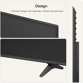 LG 65 Inch Mini LED 4K Smart TV in black, showing slim profile design and central stand base from front and side angles
