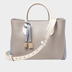 Aspinal of London sky blue colour-block leather tote bag with cream and grey panels, gold hardware, top handles and detachable crossbody strap