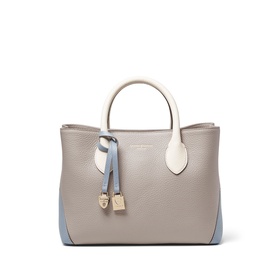 Aspinal of London tote bag in sky blue and taupe pebbled leather, cream top handles, gold-tone padlock hardware and printed scarf detail