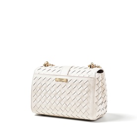 Aspinal of London Chalk White woven leather crossbody bag with gold chain strap and logo plaque, three-quarter view
