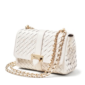 Aspinal of London small chalk white woven leather crossbody bag with gold chain strap and flip-lock clasp