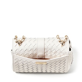 Aspinal of London Chalk White woven leather crossbody bag with gold chain strap and structured rectangular silhouette