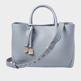 Aspinal of London Sky Blue pebbled leather tote bag with gold padlock charm, twin top handles and detachable studded crossbody strap