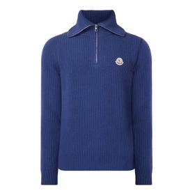Moncler navy wool half-zip knit jumper with ribbed texture, spread collar, and logo badge on chest