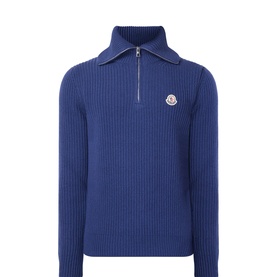 Moncler navy wool half-zip knit jumper with ribbed texture, spread collar, and logo badge on chest