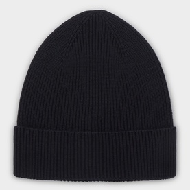 Moncler navy ribbed knit wool beanie hat with deep folded cuff, flat lay view