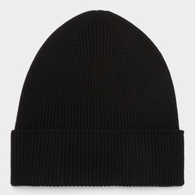 Moncler black ribbed knit wool beanie hat with folded cuff, no model