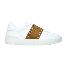 Valentino beige leather sneaker with suede stripe, gold rockstud embellishments, and white rubber sole