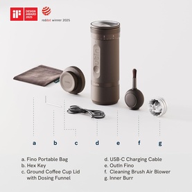 OutIn Fino Portable Electric Coffee Grinder in brown/dark tone, shown with all accessories: bag, hex key, cup lid, USB-C cable, brush, and inner burr