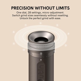 OutIn Fino Portable Electric Coffee Grinder in white, close-up of single dial with 28-setting micro-adjustment grind control