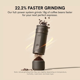 OutIn Fino Portable Electric Coffee Grinder in white, shown grinding coffee beans with promotional text highlighting 22.2% faster grinding