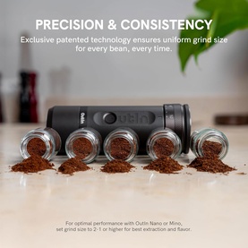 OutIn Fino Portable Electric Coffee Grinder in white, shown with four glass jars of freshly ground coffee, highlighting precision grind consistency.