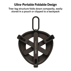 OutIn Foldable Coffee Stand in black, tree-leg structure folded flat with carabiner clip attachment visible