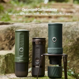 OutIn Foldable Coffee Stand in Black, displayed outdoors with compatible Mino, Nano, Fino and Pour over devices