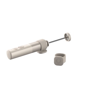 Handheld milk frother in warm grey with whisk attachment and silicone stand, shown disassembled on white background