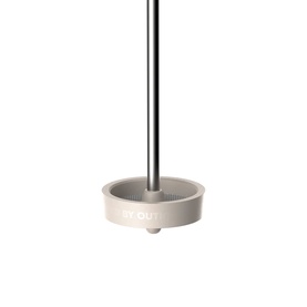 Beige circular base with chrome stem, featuring embossed text detail on rounded edge, close-up product shot