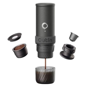 OutIn Mino Portable Espresso Machine in grey, shown with compatible coffee capsule, filter basket, and espresso cup accessories