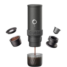 OutIn Mino Portable Espresso Machine in grey, shown with compatible coffee capsule, filter basket, and espresso cup accessories