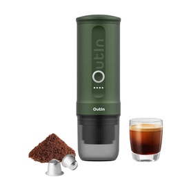OutIn Nano Portable Espresso Machine in Forest Green, shown with ground coffee, capsule, and a shot of espresso