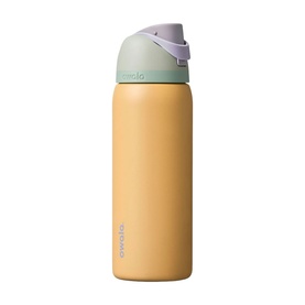 Owala FreeSip 32oz Water Bottle in Beachfront, yellow stainless steel with sage green lid, purple carry loop, and patented FreeSip spout