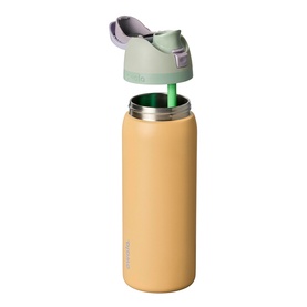 Owala FreeSip 32oz Water Bottle in Beachfront, sandy yellow stainless steel with sage green flip lid and built-in straw, open cap visible