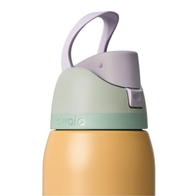 Owala FreeSip 32oz Water Bottle in Beachfront colourway, yellow body with mint and lilac insulated lid and carry loop.