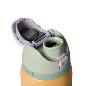 Owala FreeSip 32oz Water Bottle Beachfront, close-up of lid open showing built-in straw spout and carry loop, sage green and lavender tones