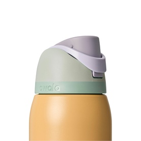 Owala FreeSip 32oz Water Bottle in Beachfront colourway, showing sage green lid with lilac carry loop and yellow stainless steel body