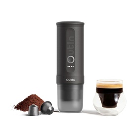 OutIn Nano Portable Espresso Machine in grey, shown with coffee grounds, capsules, and a glass espresso cup