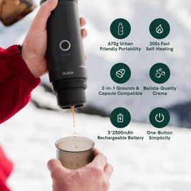 OutIn Nano Portable Espresso Machine in Grey, pouring espresso into a metal cup outdoors in snowy setting, with feature icons overlay