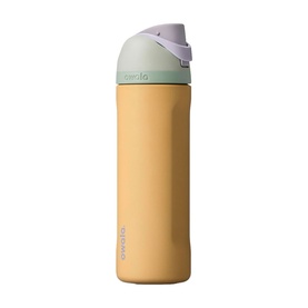 Owala FreeSip 24oz Water Bottle in Beachfront, yellow stainless steel with sage green and lilac flip-top lid and carry loop