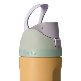 Owala FreeSip 24oz Water Bottle in Beachfront colourway, showing sage green lid, mustard yellow body, lilac carry loop and flip spout detail.