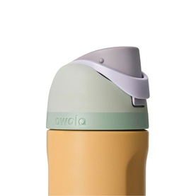 Owala FreeSip 24oz Water Bottle in Beachfront, showing sage green lid with lilac carry loop and yellow stainless steel body