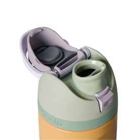 Owala FreeSip 24oz Water Bottle in Beachfront, showing open flip lid with built-in straw spout and carry loop detail, sage green and yellow tones