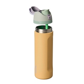 Owala FreeSip 24oz Water Bottle in Beachfront, yellow stainless steel with sage green flip lid and built-in straw spout, lid open