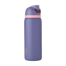 Owala insulated water bottle in matte purple with pink accent band, flip-top lid and carry loop