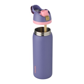 Stanley purple insulated water bottle with flip straw lid open, showing stainless steel interior, pink and purple accents