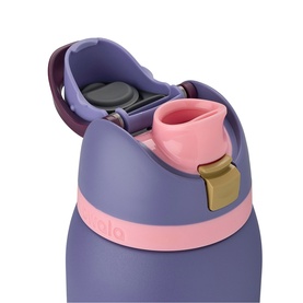 Molo purple and pink kids water bottle with flip-top lid, close-up showing dual-opening cap with gold clasp detail.