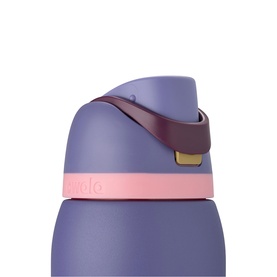 Close-up of Owala water bottle lid in purple with pink accent band, burgundy carry strap and straw spout visible