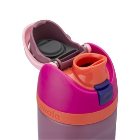 Owala FreeSip 24oz Water Bottle Crown Jewel, close-up of flip lid with orange spout, purple and pink tones, leak-proof FreeSip cap detail