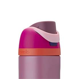 Owala FreeSip 24oz Water Bottle in Crown Jewel, pink and purple stainless steel with orange base and flip-top spout with carry loop.