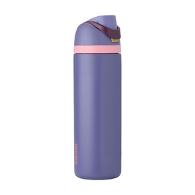 Owala FreeSip 24oz Water Bottle in Blue Jay, stainless steel with pink accent band, flip lid, and carry loop