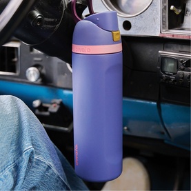 Owala FreeSip&reg; 24oz Water Bottle in Blue Jay with pink accent lid and carry loop, shown inside a vehicle interior.