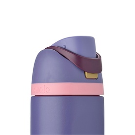 Owala FreeSip 24oz Water Bottle in Blue Jay, close-up of leak-proof lid with carry loop and pink accent ring