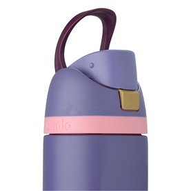 Owala FreeSip 24oz Water Bottle in Blue Jay, close-up of insulated stainless steel body with pink band, gold accent, and purple carry loop lid.