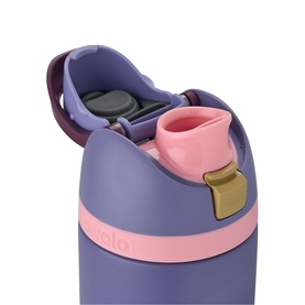 Owala FreeSip 24oz Water Bottle in Blue Jay, close-up of flip-top lid with pink spout, gold locking clasp, and purple carry loop.