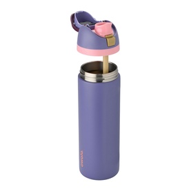 Owala FreeSip 24oz Water Bottle in Blue Jay, stainless steel insulated bottle with pink flip lid, built-in straw, and carry loop, lid open