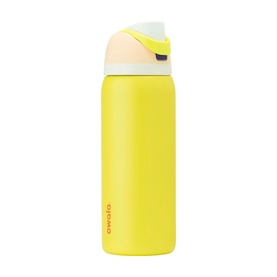 Owala yellow insulated water bottle with flip-top lid and carry loop, shown against white background